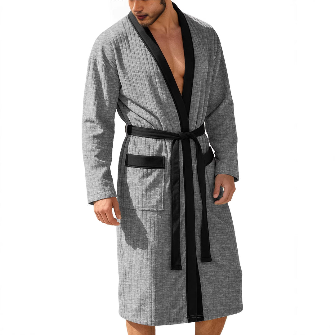 Men's knee-length ribbed kimono-style bathrobe with shawl collar and contrast piping Mune Fashion