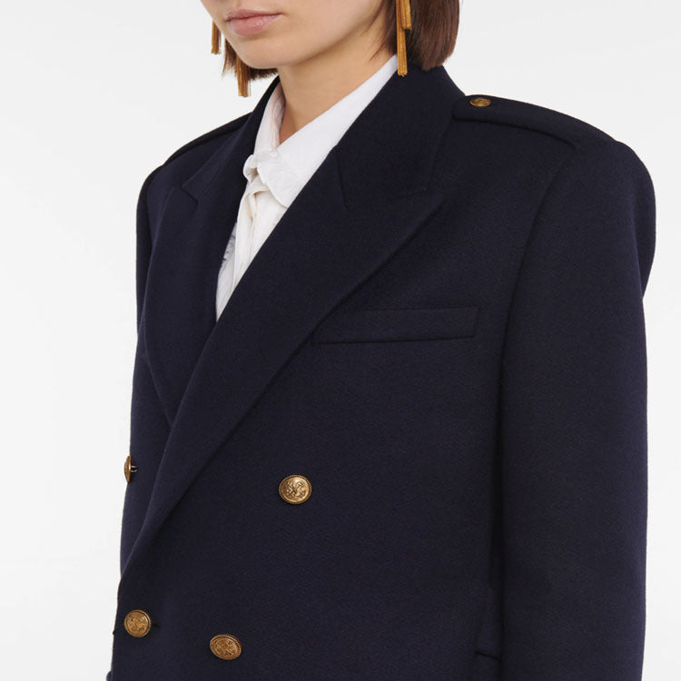 Women Double-breasted Wool Blend Long Coat with Epaulettes and Structured Tailoring Silhouette Mune Fashion