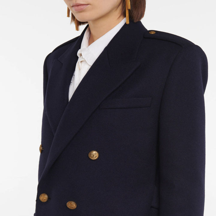 Women Double-breasted Wool Blend Long Coat with Epaulettes and Structured Tailoring Silhouette Mune Fashion