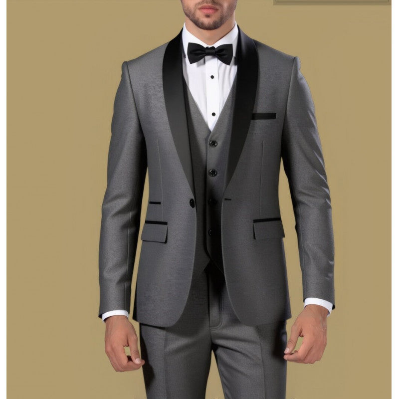 Men's Tailored Three-Piece Tuxedo with Shawl Collar and Satin Lapel Mune Fashion