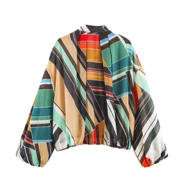 Women's Oversized Bomber Jacket made of lightweight fabric with stand-up collar, zipper, and elastic hem