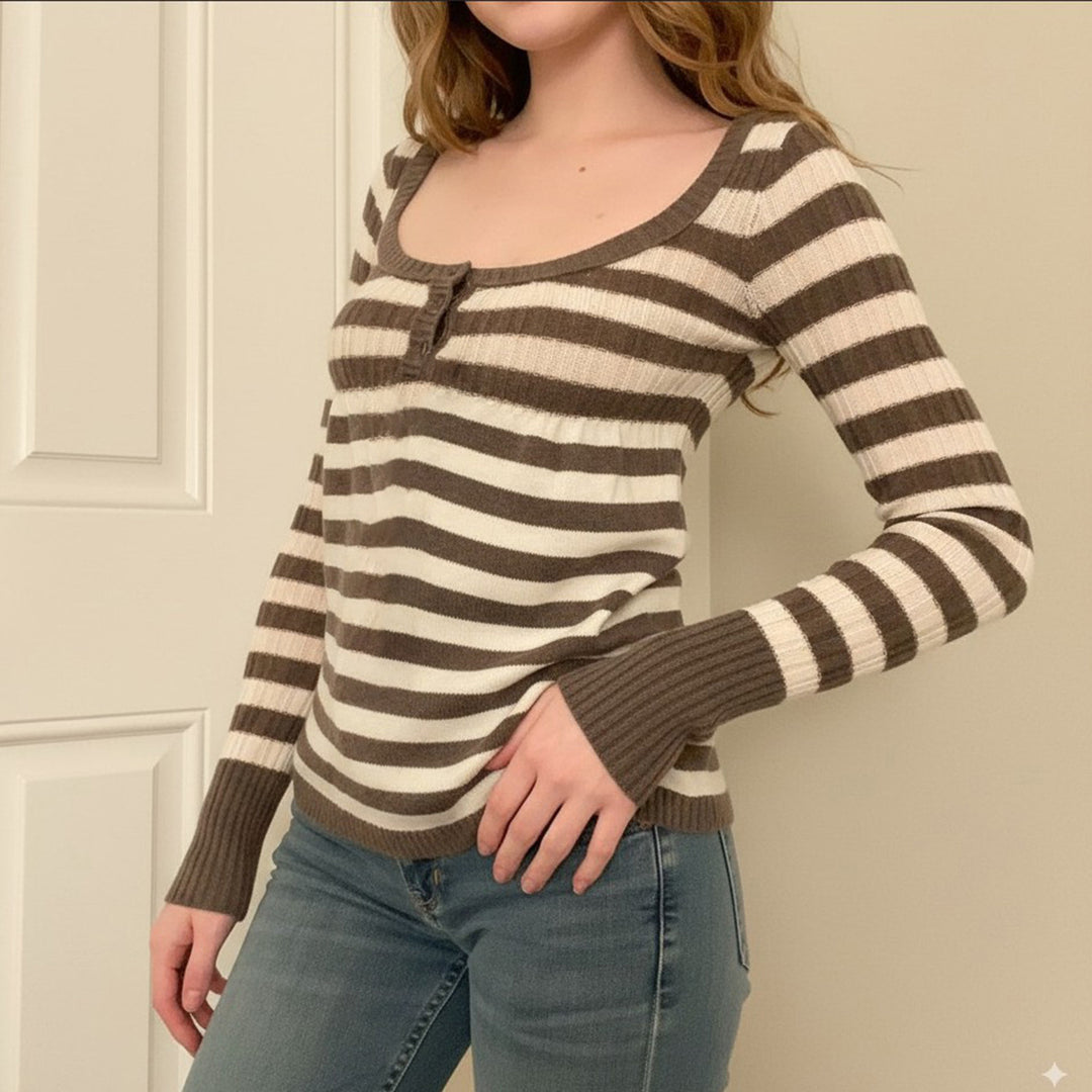 Women's Striped Ribbed Knit Shirt with Boat Neck and Decorative Button Placket Mune Fashion