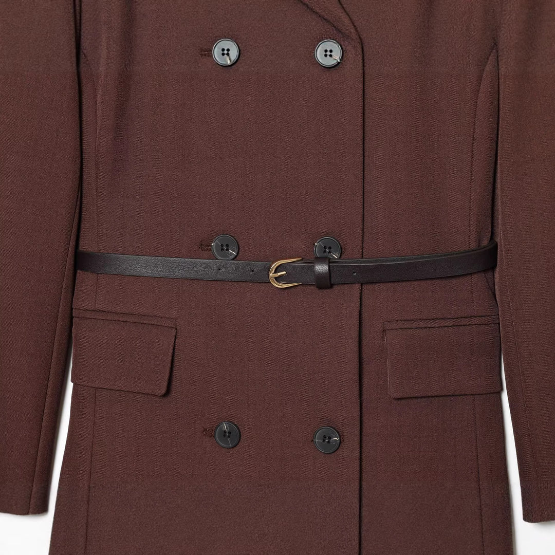 Women's fitted double-breasted coat with round neckline and narrow leather tie belt Mune Fashion