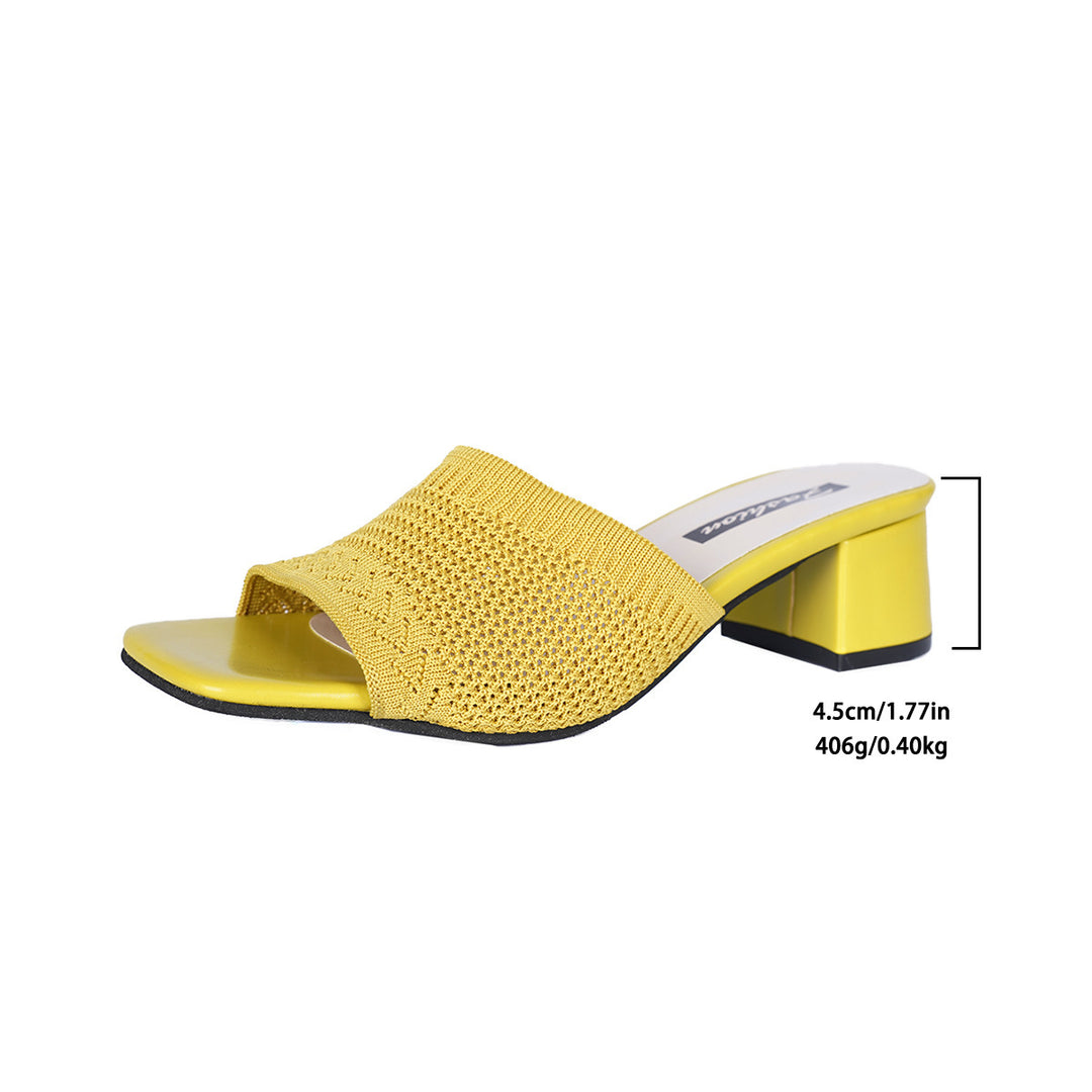 Women's airy knit slippers with square toe shape, padded comfort footbed, and mid-high block heel Mune Fashion