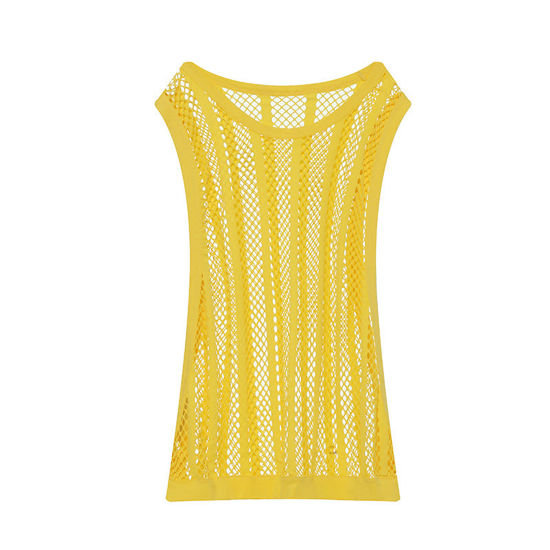 Women's airy hole knit mesh top with wide straps and elastic hem Mune Fashion