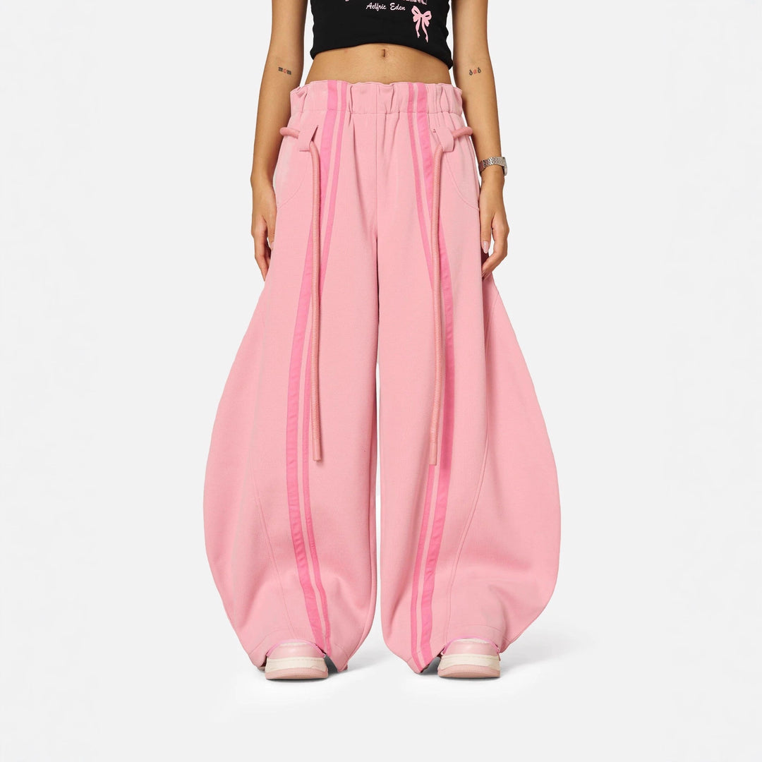 Women loose Balloon Pants with paperbag waistband, long drawstring and side contrasting stripes Mune Fashion