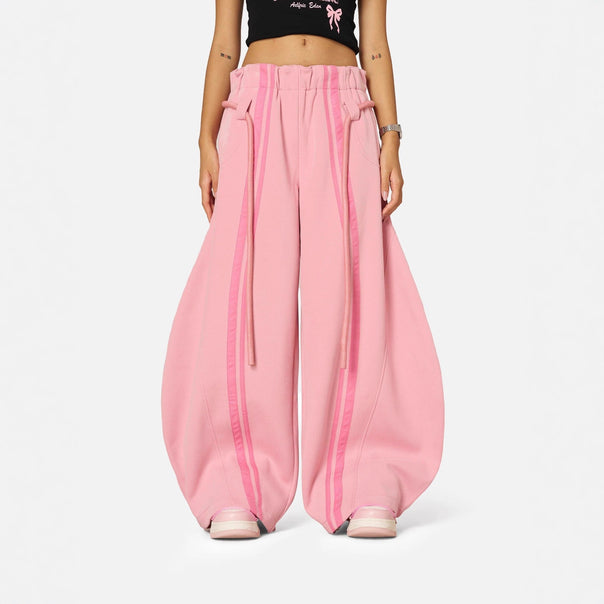 Women loose Balloon Pants with paperbag waistband, long drawstring and side contrasting stripes Mune Fashion