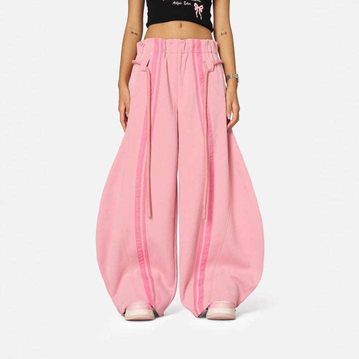 Women loose Balloon Pants with paperbag waistband, long drawstring and side contrasting stripes Mune Fashion