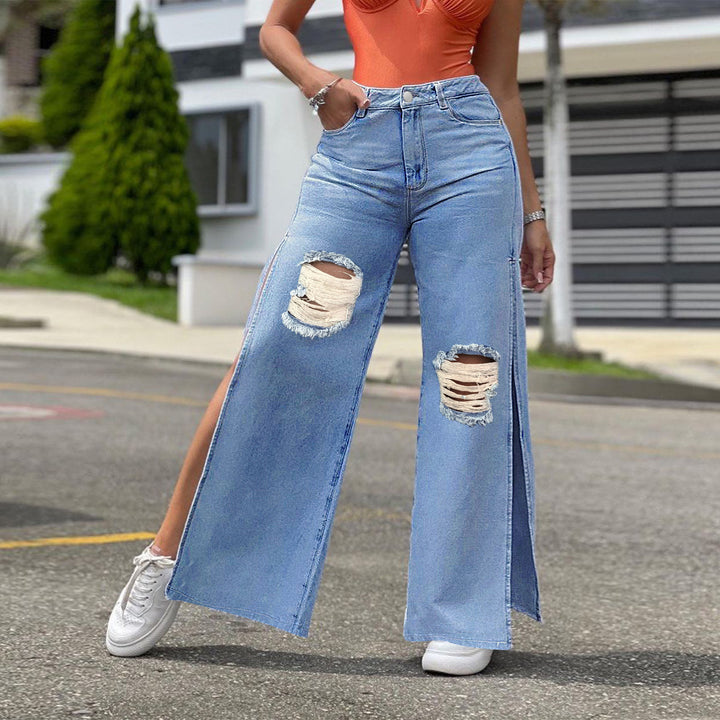 Ladies High-Waisted Wide-Leg Jeans with Knee Rips and Side Slits Mune Fashion