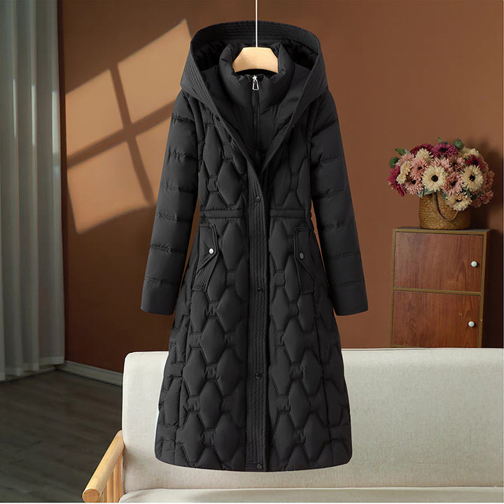 Women's longer quilted coat with honeycomb quilt, hood and tailored A-line Mune Fashion