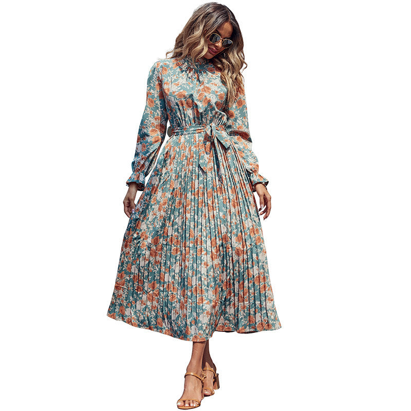 Women's Elegant Pleated Dress with Floral Print, Gathering at the Collar and Tied Belt Mune Fashion