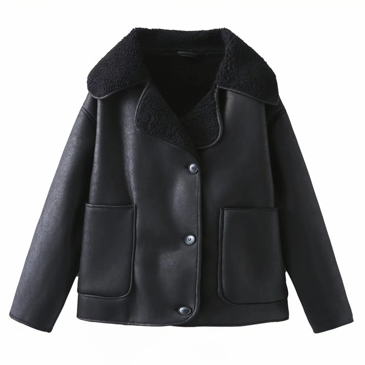 Women's trendy faux leather shearling jacket with large teddy collar, patch front pockets, and button closure Mune Fashion