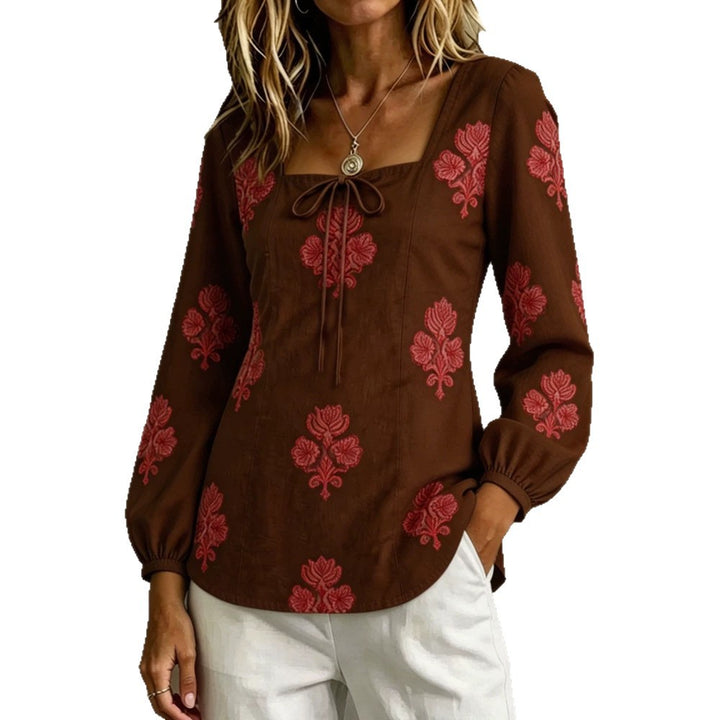 Women's Embroidered Tunic Blouse with Square Neckline and Feminine Balloon Sleeves Mune Fashion