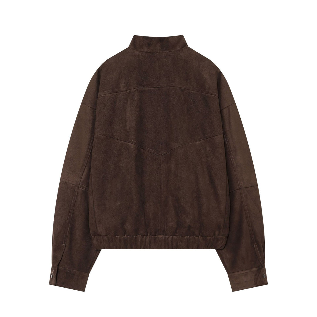 Women's casual suede look bomber jacket with zipper, stand-up collar, and large flap pockets Mune Fashion