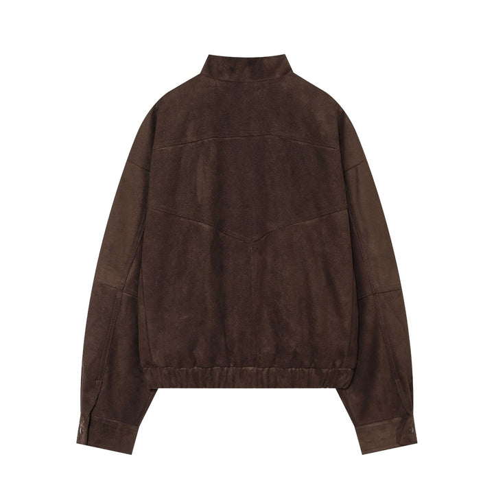 Women's casual suede look bomber jacket with zipper, stand-up collar, and large flap pockets Mune Fashion