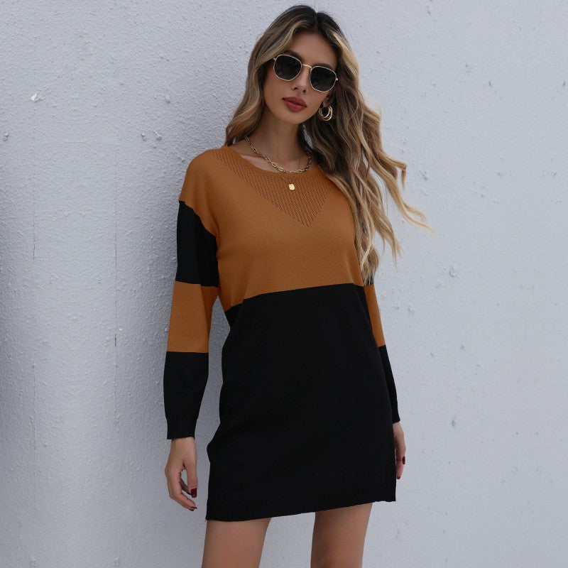 Women's fine knit mini dress with color block design, V-stitched neckline and ribbed hem