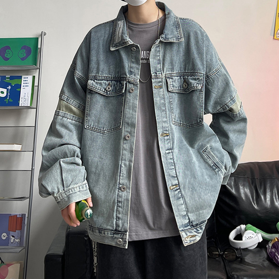 Men's Casual Denim Jacket with Deep Collar Mune Fashion