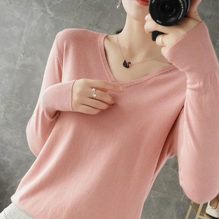 Women light V-neck cashmere-look fine knit sweater Mune Fashion