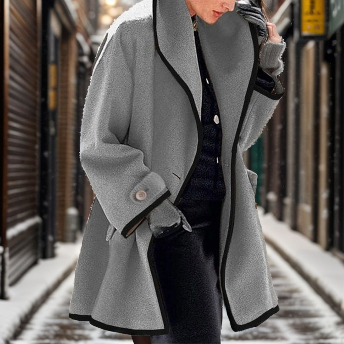 Women's A-line wool blend coat with hood and contrasting piping Mune Fashion