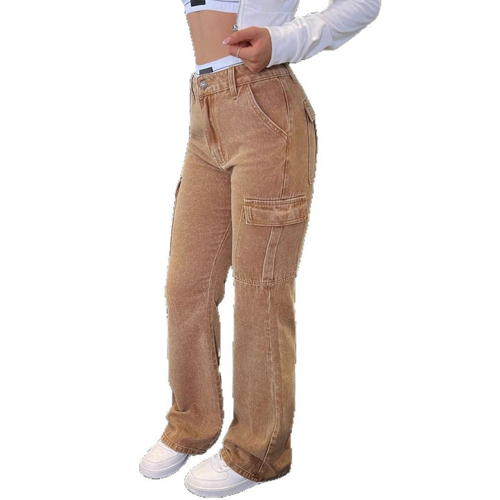 Women High-Cut Cargo Jeans in Flared Cut with Drawstring Cuffs Mune Fashion