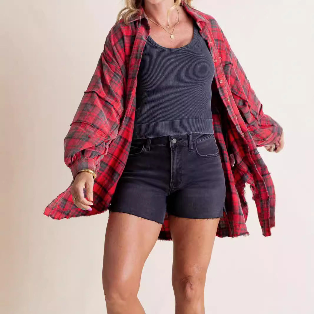Women's oversized check shirt with fringe trim, chest pockets, and loose fit Mune Fashion