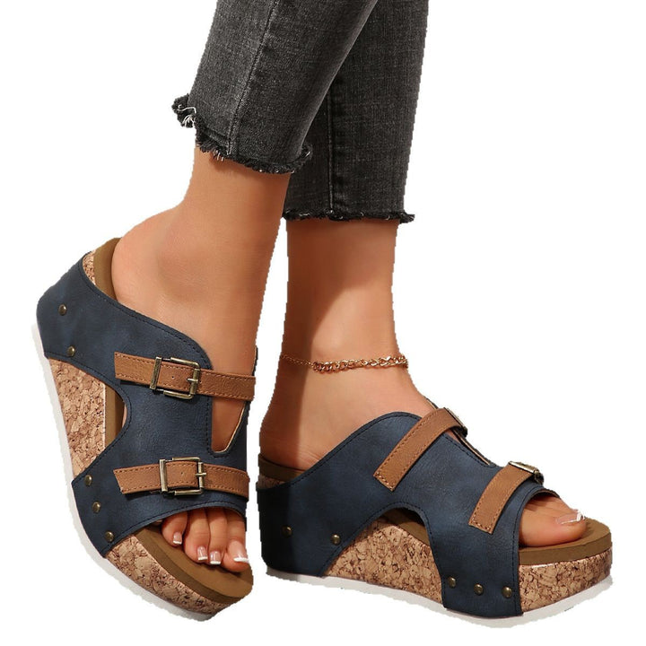 Ladies wedge slide with cork platform, adjustable double straps and padded comfort footbed Mune Fashion