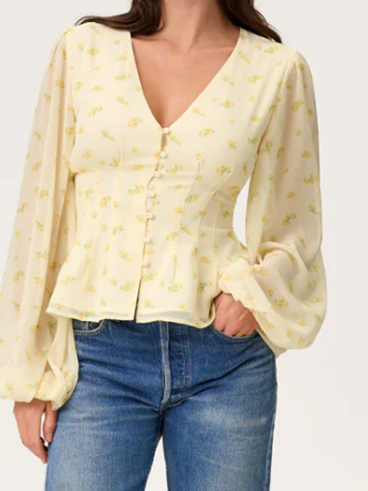 Women's jacquard lace blouse with fitted peplum and balloon sleeves Mune Fashion