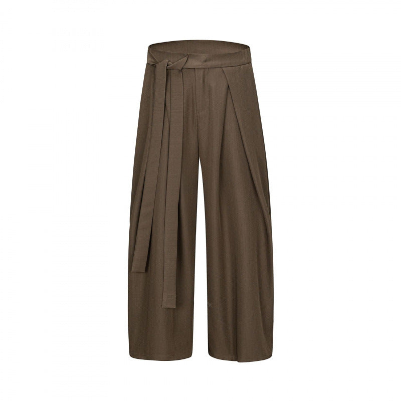 Women's Wide Culotte Pants with High Waist, Pleats and Tie Belt Mune Fashion