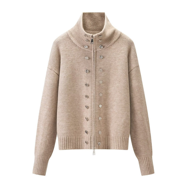 Women's Cropped Cardigan with High Standing Collar, Decorative Button Placket and Double Zipper Mune Fashion
