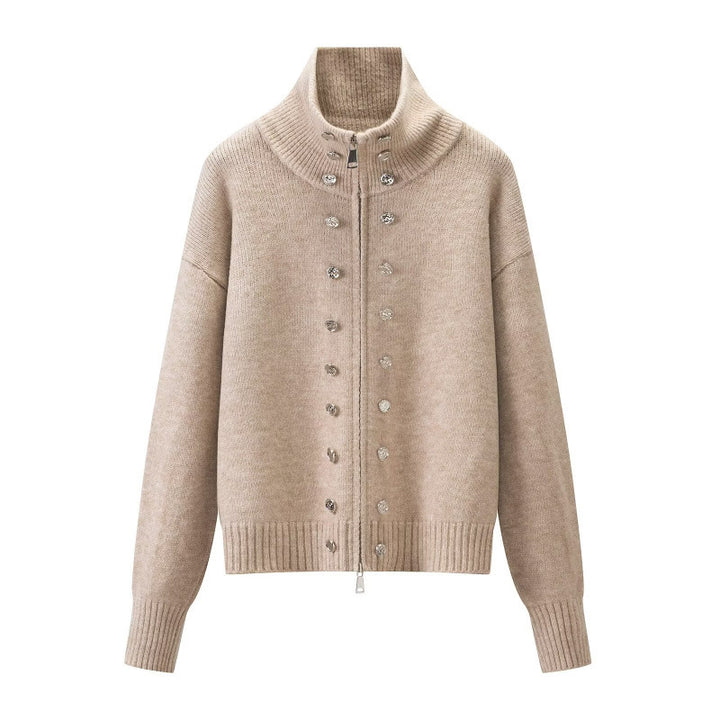 Women's Cropped Cardigan with High Standing Collar, Decorative Button Placket and Double Zipper Mune Fashion