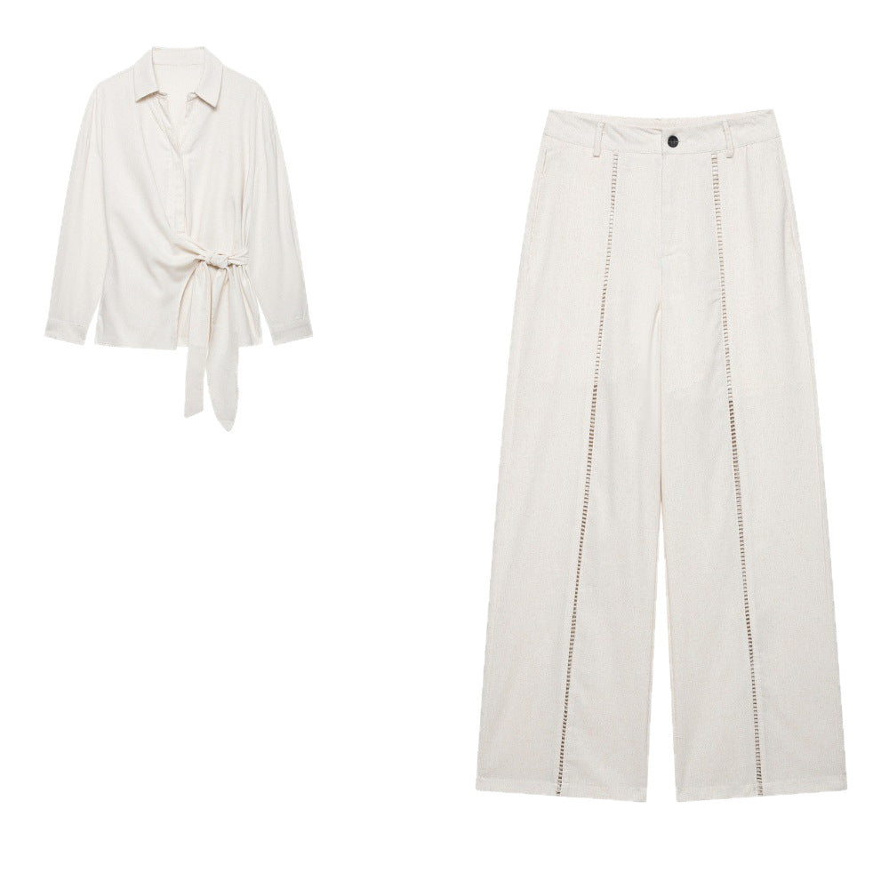 Women's Two-Piece Ensemble with Wrap Blouse with Waist Tie and Wide-Cut Linen Pants with Decorative Stripes Mune Fashion
