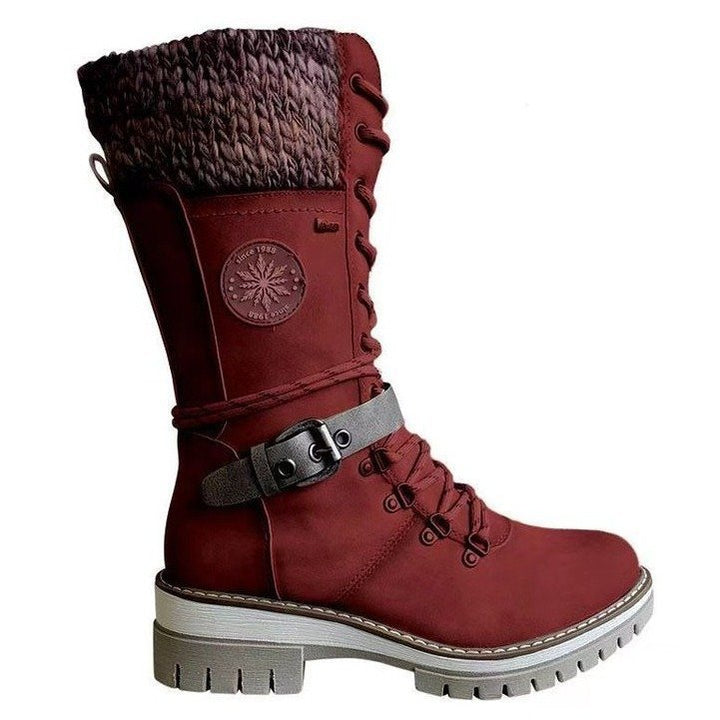 Women's knee-high lace-up boots with knit cuffs, sturdy tread sole, and side zipper Mune Fashion