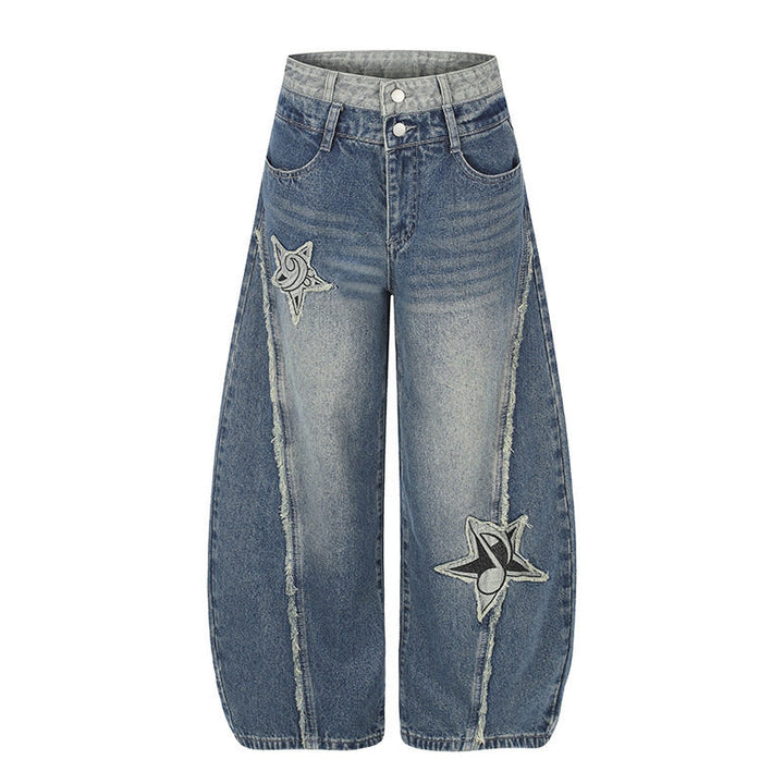 Women's High-Waist Wide Denim Culotte with Star Appliqués and Fringe Detail