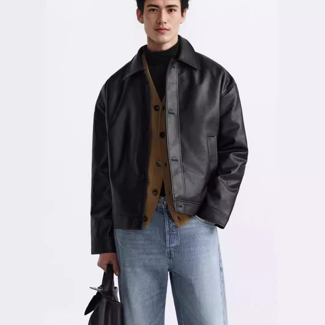 Men's Short Cut Leather Jacket with Classic Collar Mune Fashion