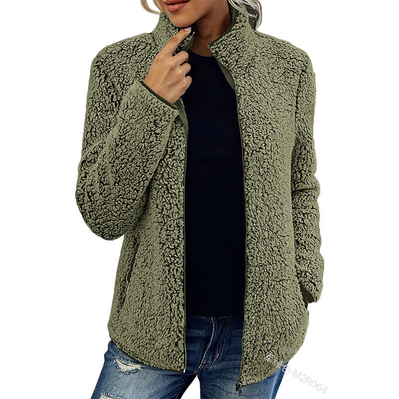 Women cozy teddy fleece jacket with stand-up collar and zipper Mune Fashion