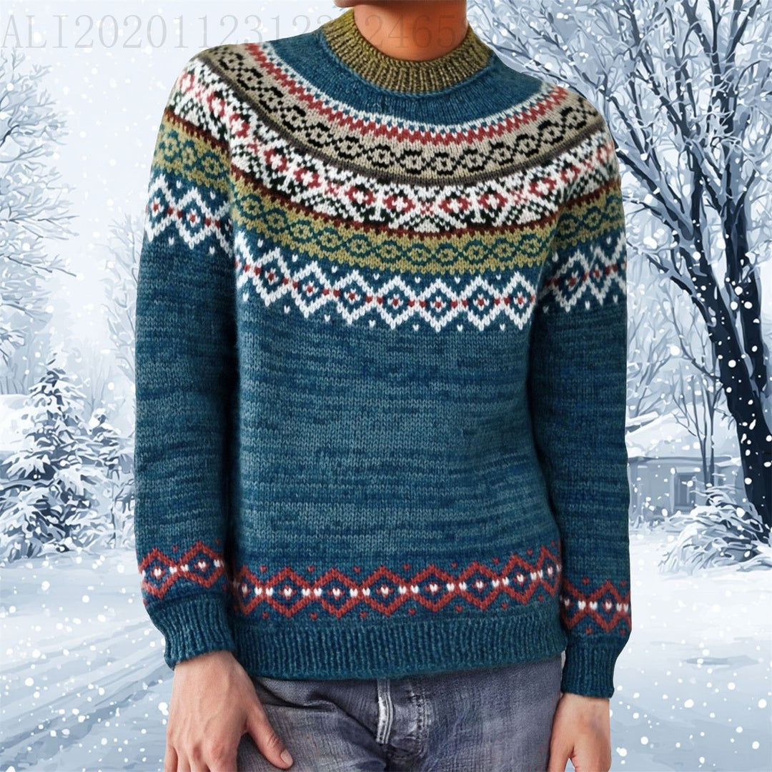 Women's gray marled round neck sweater with circular jacquard yoke and ribbed hem Mune Fashion