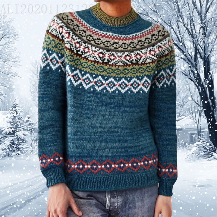 Women's gray marled round neck sweater with circular jacquard yoke and ribbed hem Mune Fashion