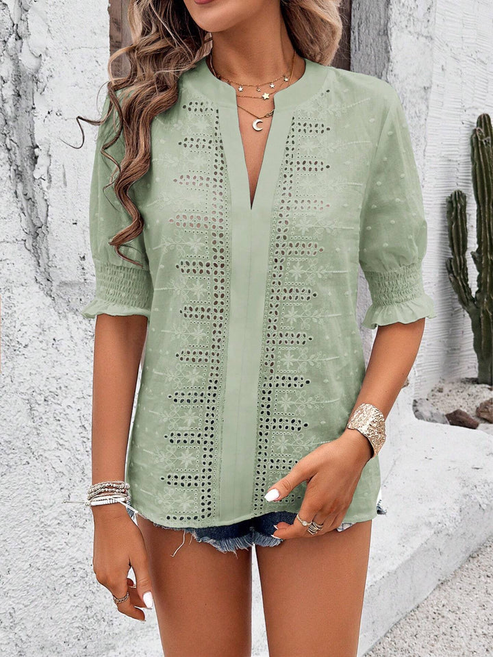 Women's Boho Tunic with Broderie Anglaise and Gathered 3/4 Sleeves Mune Fashion