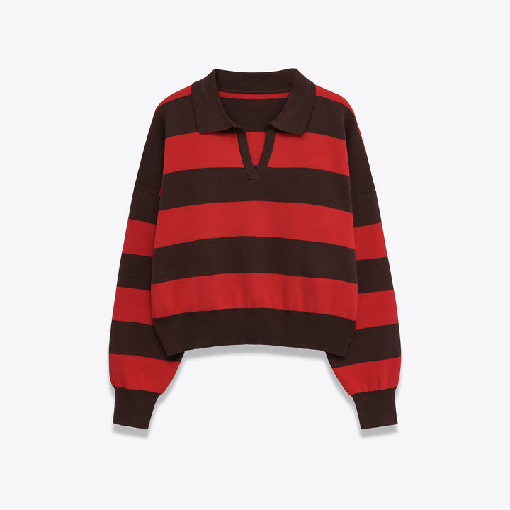 Women Cropped Oversize Rugby Pullover with Polo Collar and Deep V Neck Mune Fashion