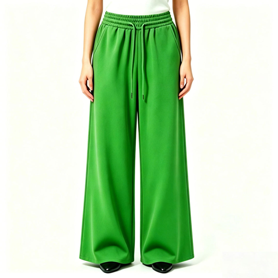 Ladies wide high-waist lounge pants with elastic waistband, drawstring, and flowing jersey Mune Fashion