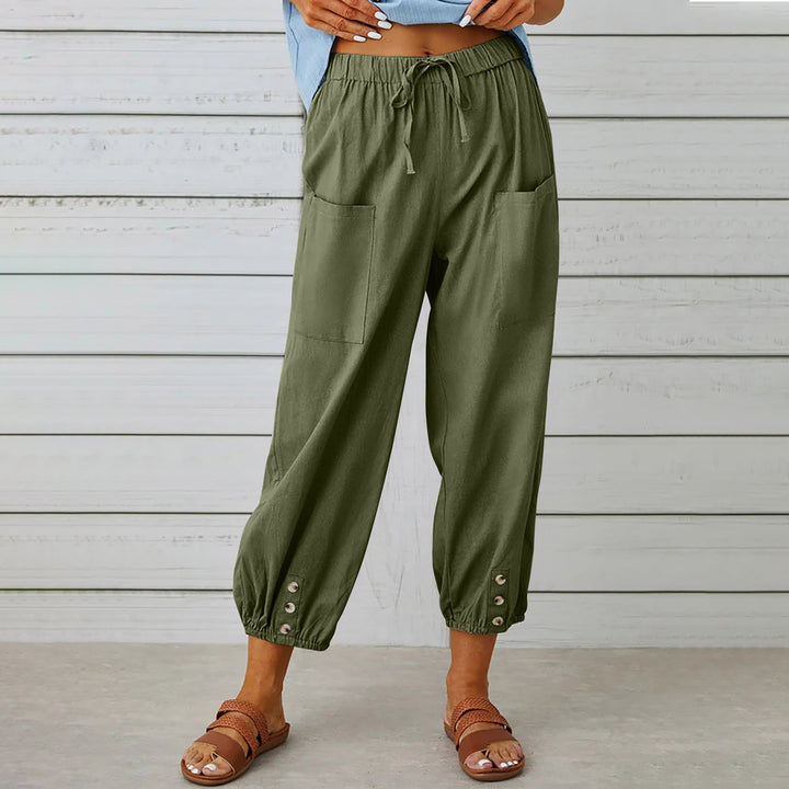 Women’s lightweight cotton-linen pants with drawstring, patch pockets and buttoned cuffs Mune Fashion