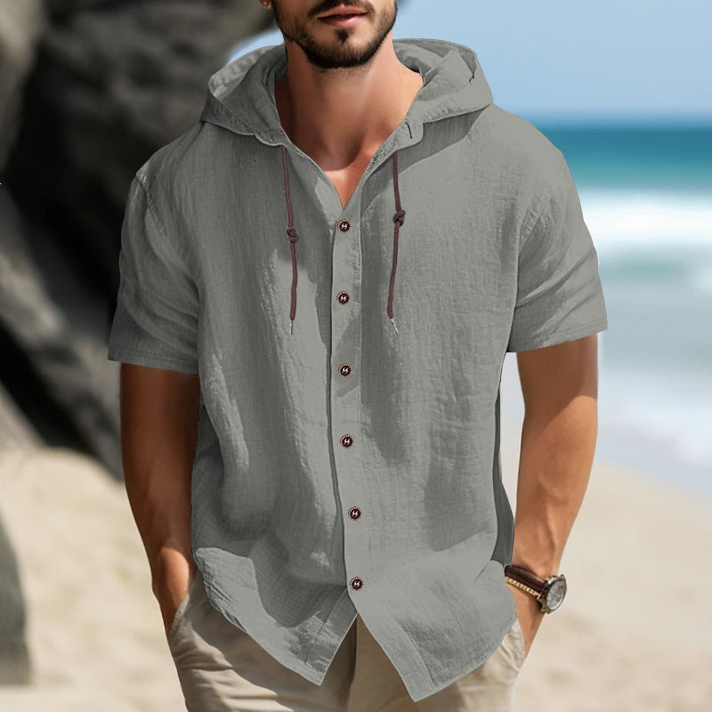 Men's short-sleeve hooded shirt in linen look with button placket and drawstring Mune Fashion