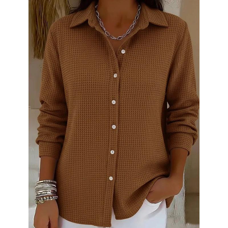Women's Structured Shirt Blouse in Waffle Knit with Classic Collar and Continuous Button Placket Mune Fashion