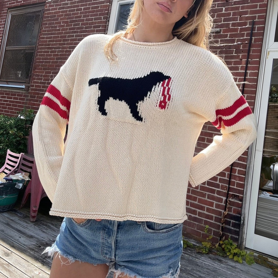 Women’s chunky knit sweater with dog jacquard and sports stripes Mune Fashion