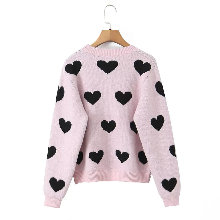 Women Patterned Oversized Knit Sweater with Heart Jacquard and Round Neckline Drune