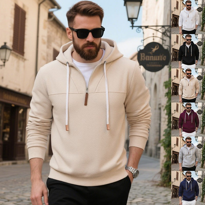 Men's nan minimalist soft fleece half-zip hoodie with leather zipper and drawstring Mune Fashion