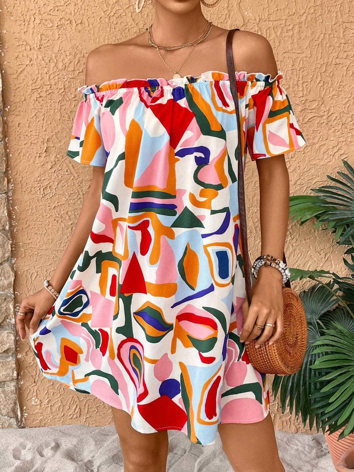 Women off-the-shoulder A-line mini dress with elastic smocked neckline and ruffled sleeves Mune Fashion