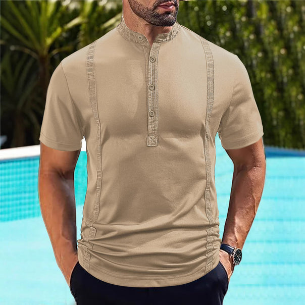 Men's short sleeve stand collar shirt with concealed button placket, decorative piping and fitted silhouette Mune Fashion
