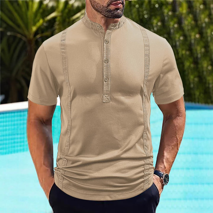 Men's short sleeve stand collar shirt with concealed button placket, decorative piping and fitted silhouette Mune Fashion