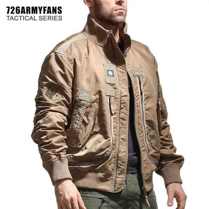 Men's rugged pilot bomber jacket with multifunctional zip and flap pockets as well as arm pocket Mune Fashion